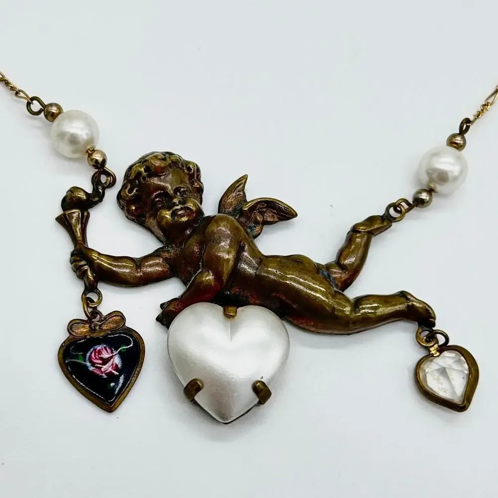 Vintage Piddly Links Cupid Angel Cherub Hearts Necklace Large Statement Boho